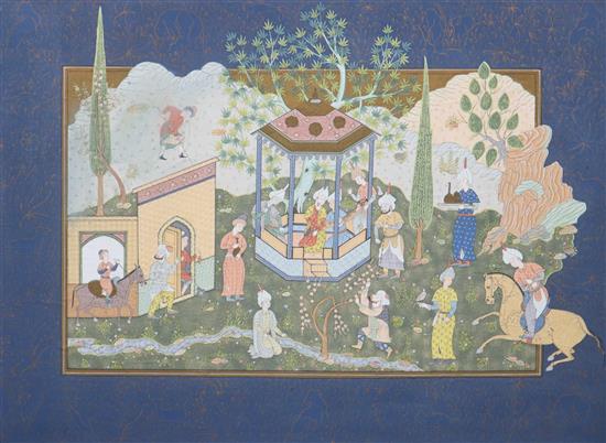 A Mughal style gouache on fabric painting of figures in a courtyard, 78 x 106cm
